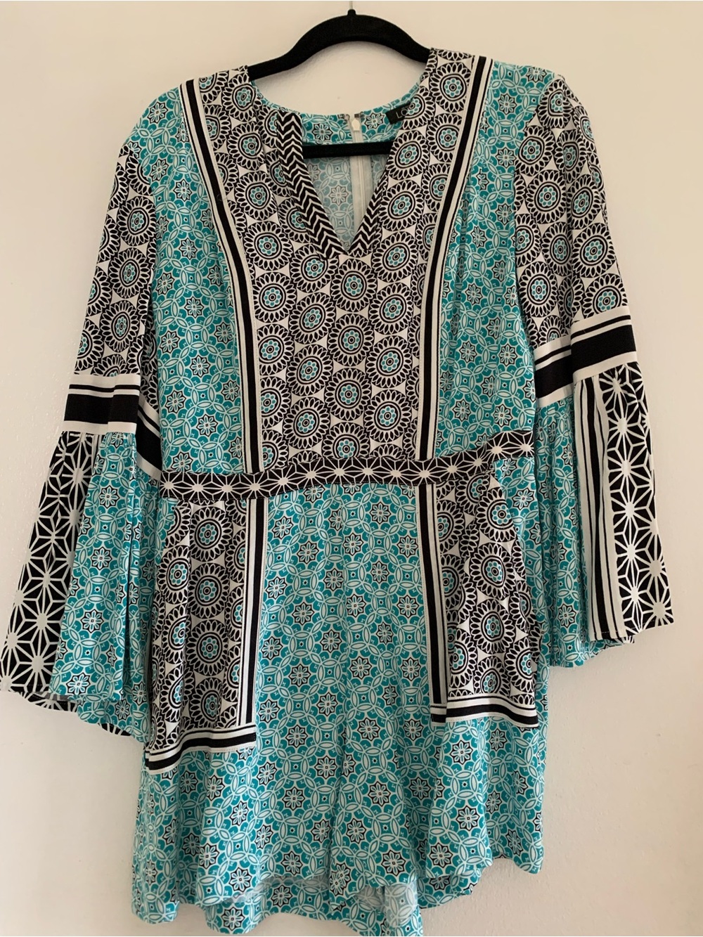 LOFT Turquoise and Black Patterned Long-Sleeve Tunic Dress